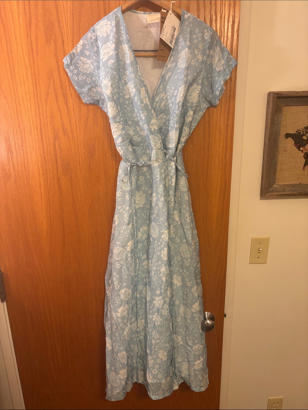 Light Blue Floral Wrap Maxi Dress with Tie Waist
